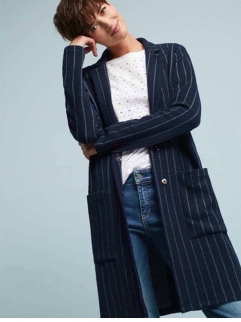 Anthropologie Harlyn Navy Pinstripe Long Cardigan Blazer Medium